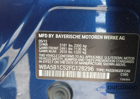 2015 BMW 535I from USA, damaged, VIN WBA5B1C52FG128296